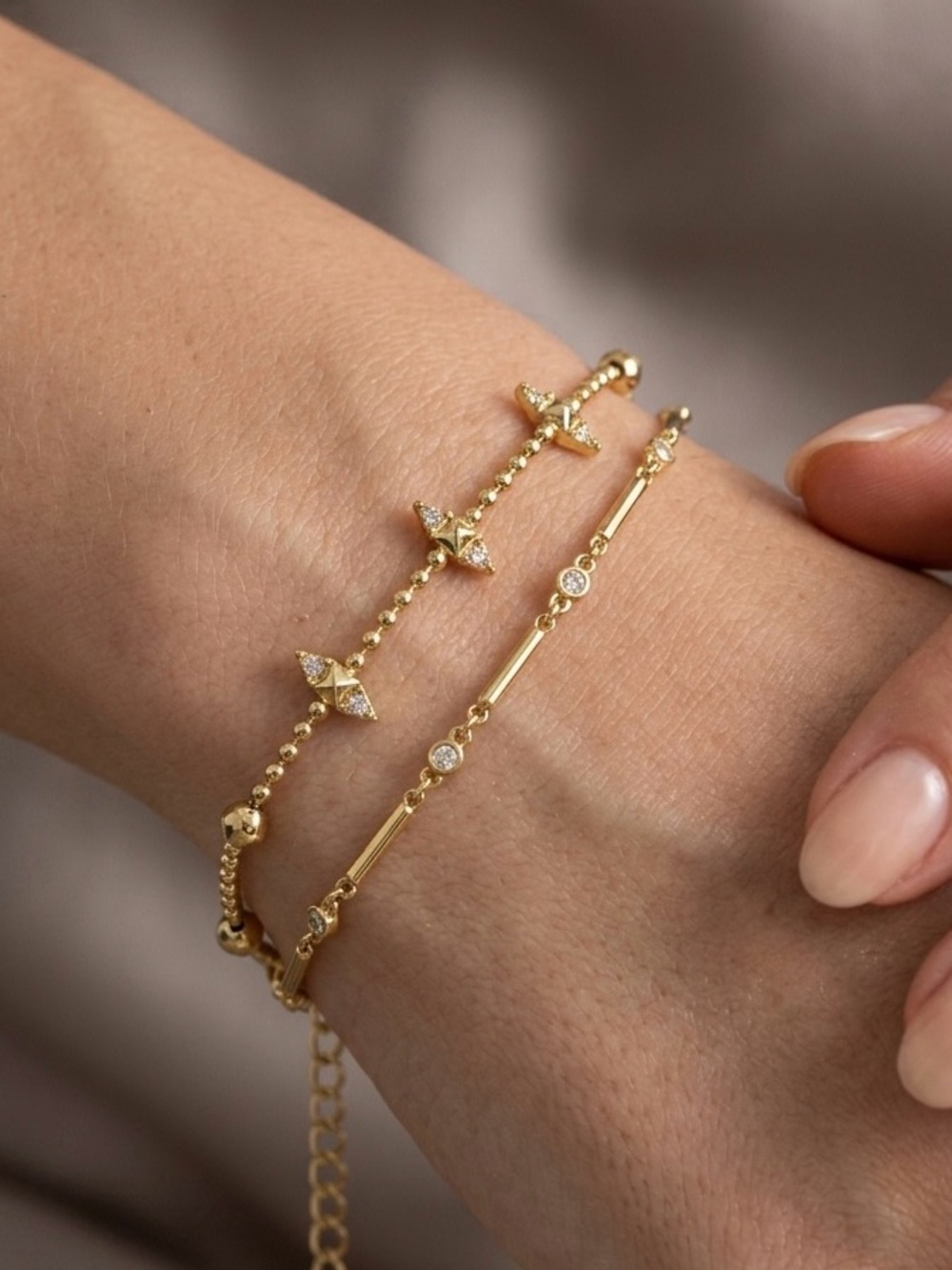 14K Gold Plated Bracelet Set 2pc Dainty Beaded & Bar Chains | Dainty Stackable